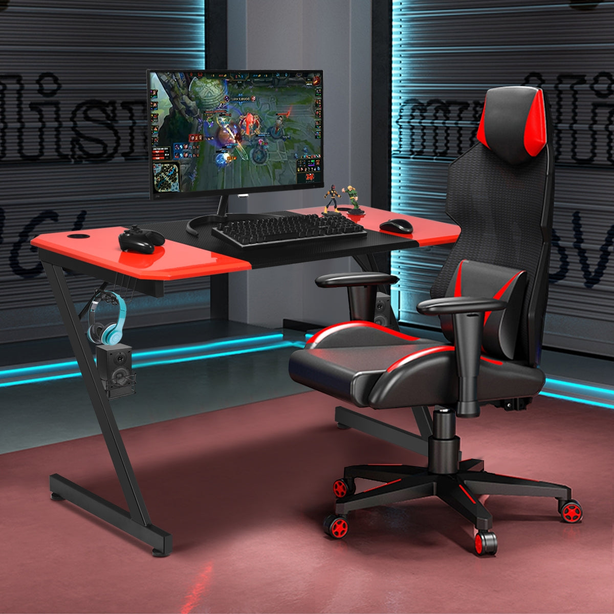 Escritório de Gaming com Superfície em Fibras de Carbono com Formato em Z para Computador para Casa Escritório Preto + Vermelho 120 x 60 x 76 cm
