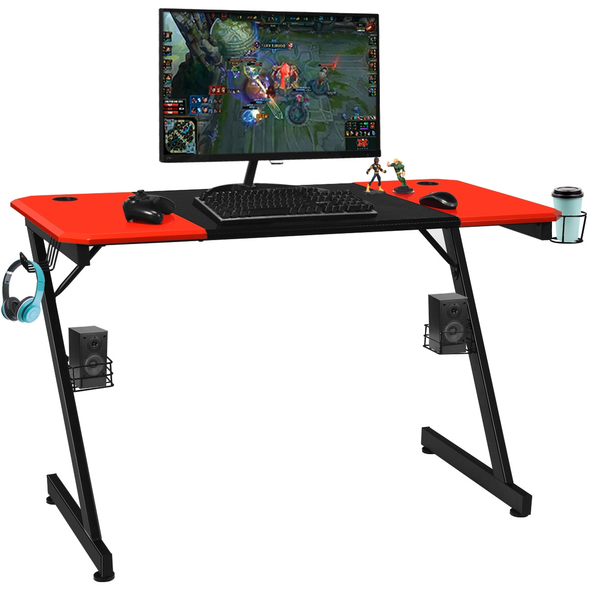 Escritório de Gaming com Superfície em Fibras de Carbono com Formato em Z para Computador para Casa Escritório Preto + Vermelho 120 x 60 x 76 cm