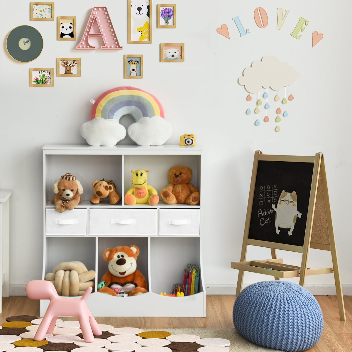 Estante com Compartimentos e Gavetas para Arrumação de Brinquedos Organizador para Quarto de Criança Branco 93 x 40 x 94 cm