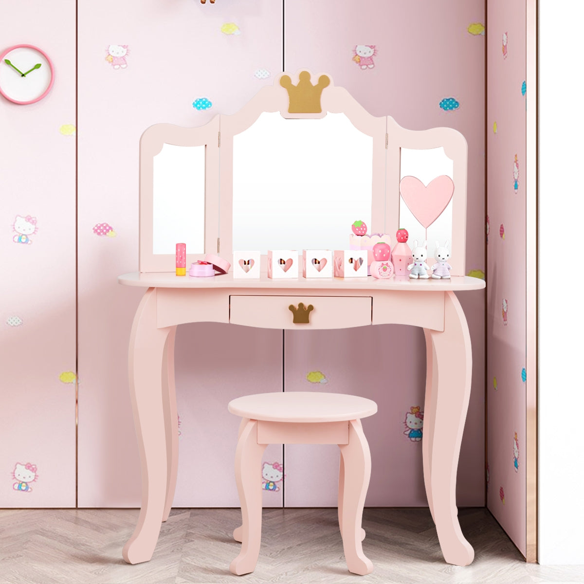 Tocador e Cadeira para Meninas com Gaveta e Espelho em 3 Partes Rosa 80 x 42 x 106 cm