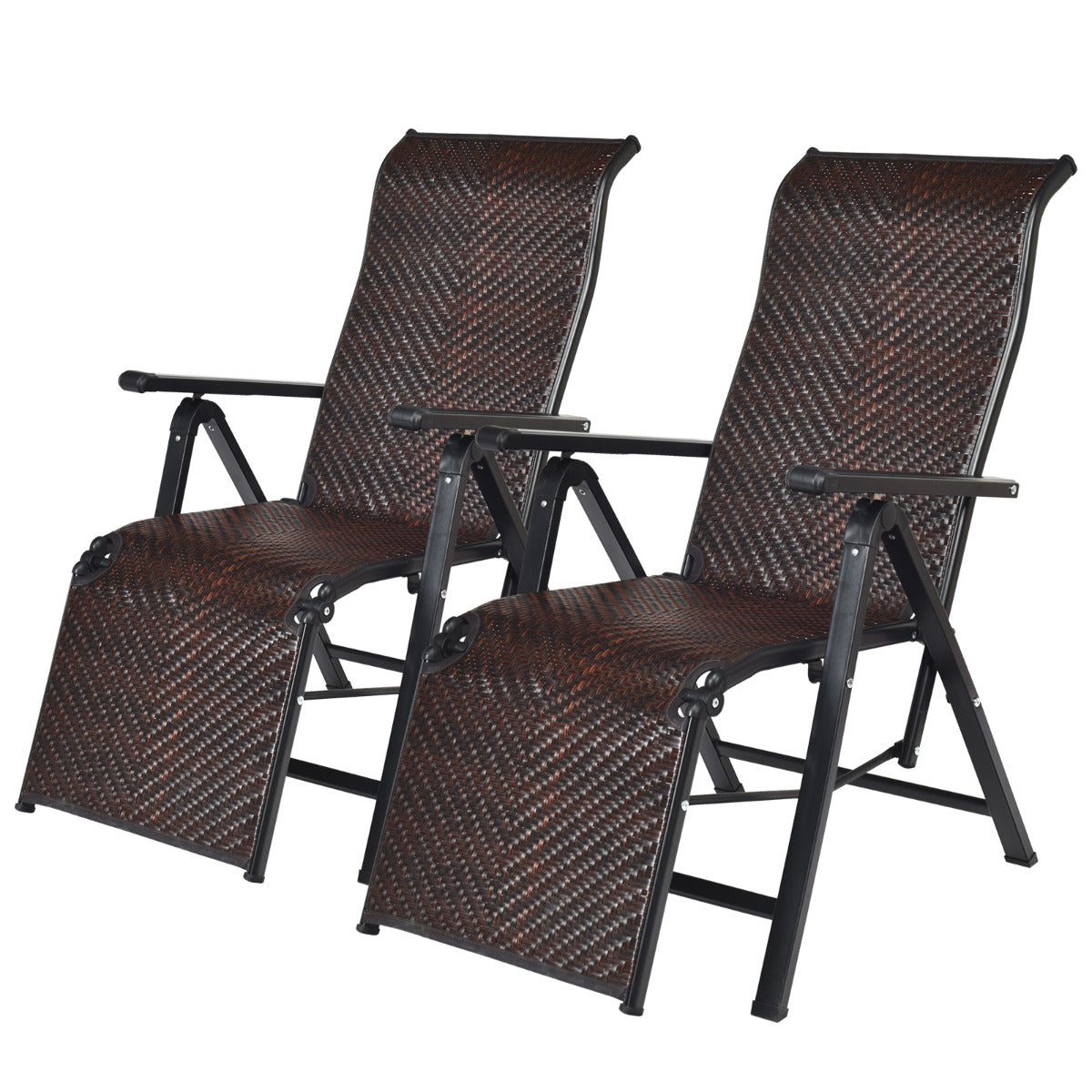 Conjunto de 2 Espreguiçadeiras de Ratan para Exterior, Cadeiras Reclináveis Dobráveis com Encosto Ajustável para Jardim, Pátio, Praia Interior em Castanho