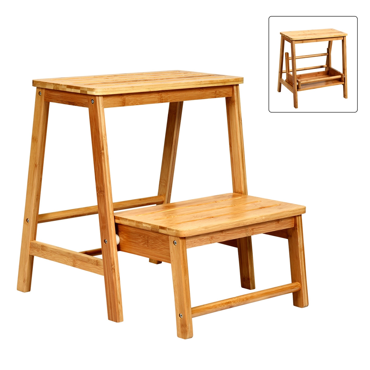 Banco/Dobrável em Bambu com 2 Degraus, Ranhura Antiderrapante e Pedal Largo para Biblioteca e Casa Até 100 kg 45 x 51 x 48 cm