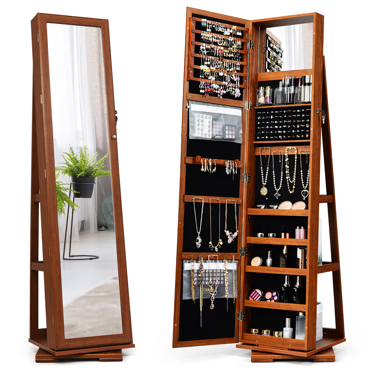 Armário Joalheiro Giratório a 360° com Espelho Inteiro Organizador de Joias com Espelho para Maquilhagem Castanho 38 x 38 x 161 cm