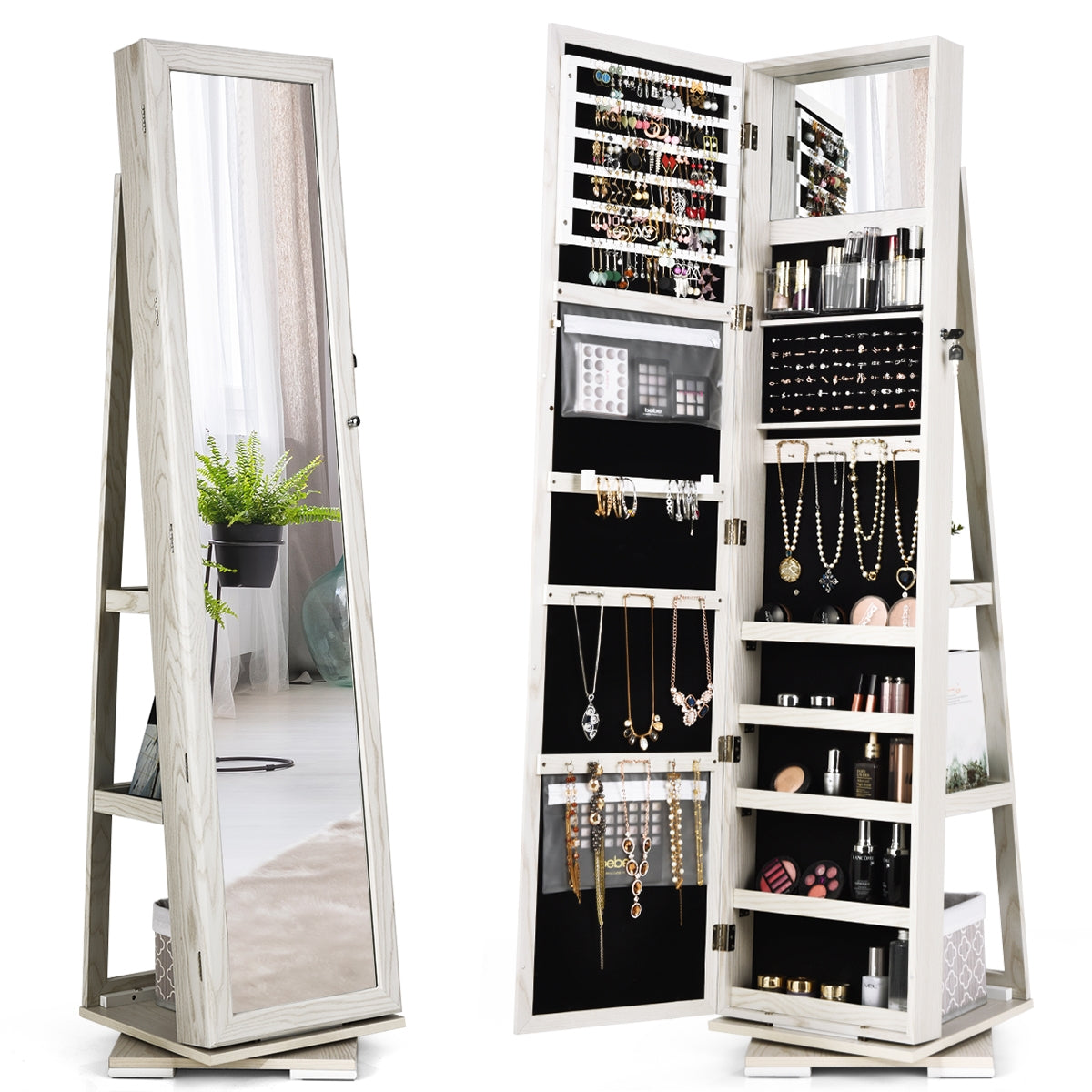 Armário de Jóias Giratório a 360° com Espelho Inteiro Organizador de Jóias com Espelho para Maquilhagem Branco 39 x 39 x 161 cm