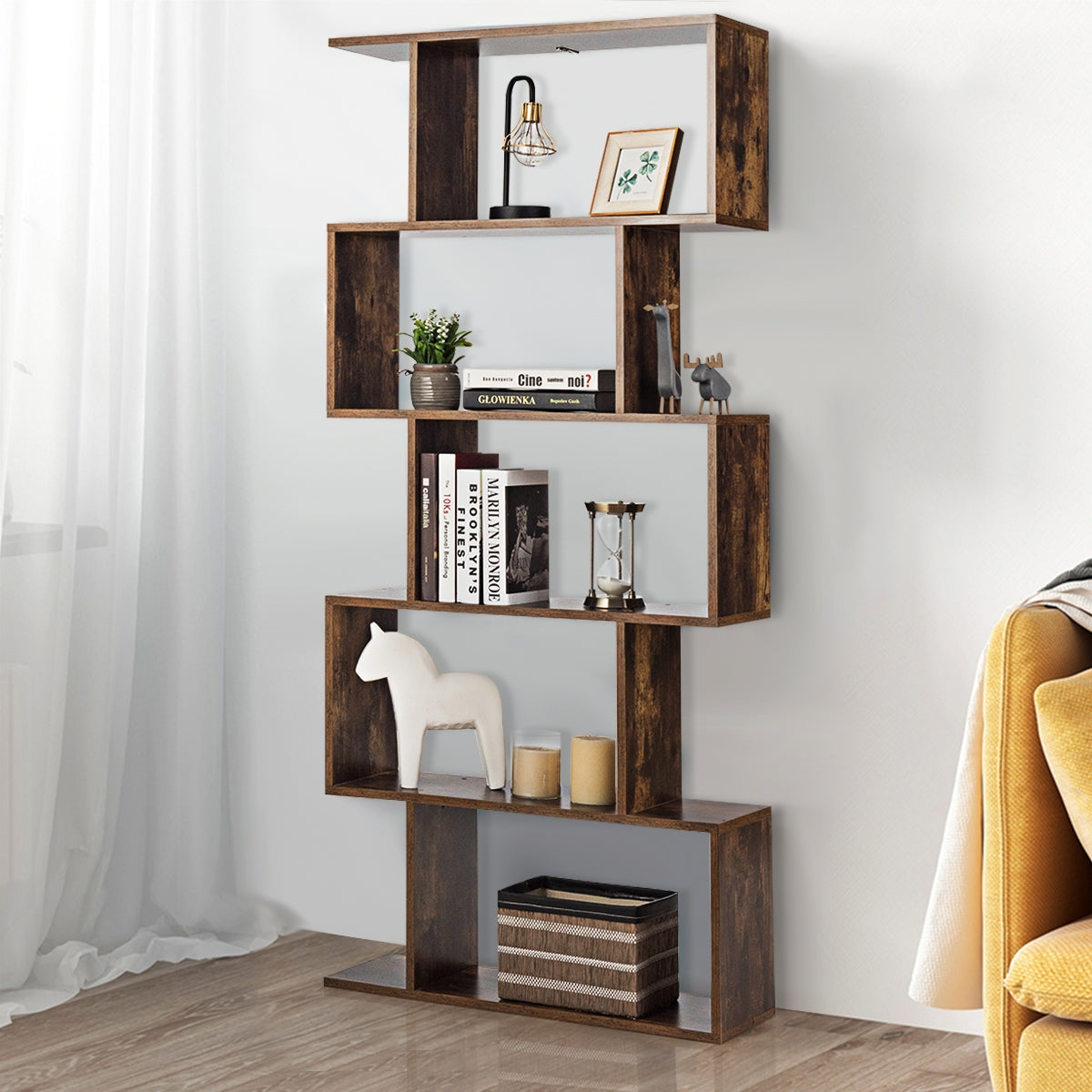 Estante em S com 5 Níveis Livraria de Madeira Multiusos em Estilo Industrial para Sala Quarto Casa Escritório Castanho Rústico 70 x 24 x 158 cm