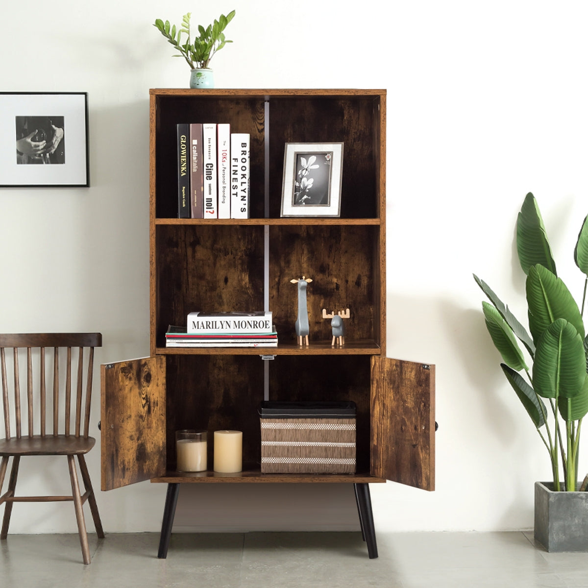Estante Retro com Armário Industrial e Biblioteca de 2 Níveis para Livros Sala Biblioteca Escritório Decorações 60 x 30 x 120 cm