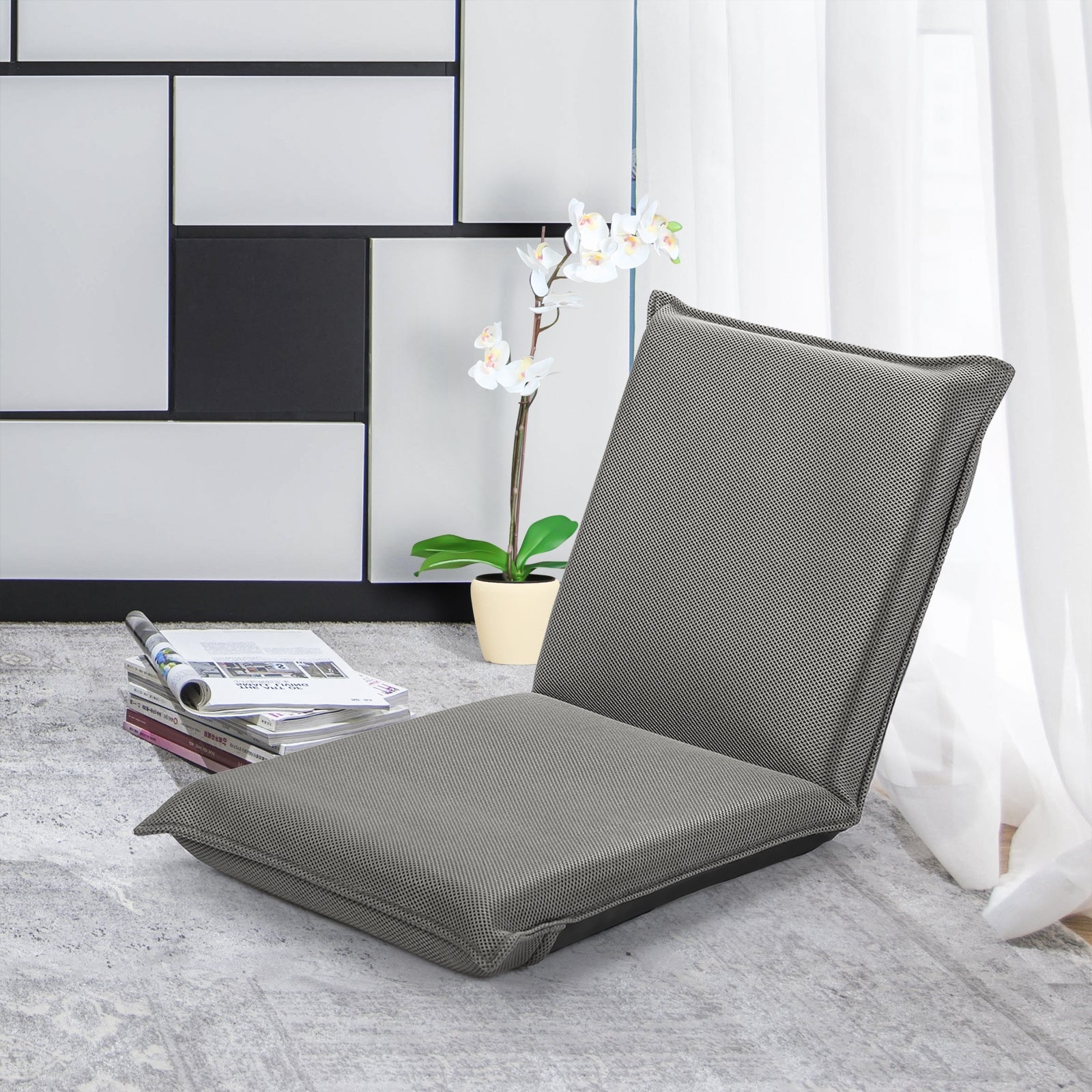 Sillón Reclinável Acolchoado Regulável para Leitura e Meditação - Cinzento 98 x 47 x 7,5 cm