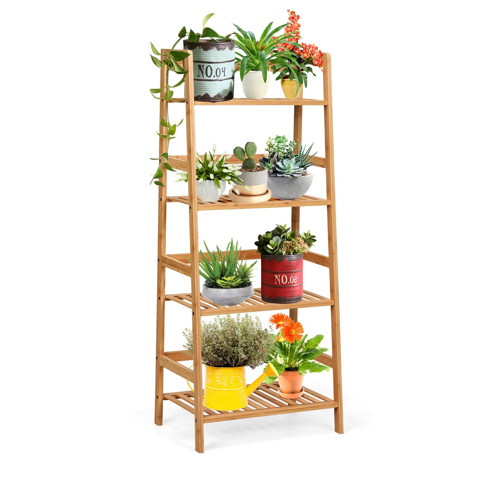 Estante de Escada Biblioteca Multiusos para Plantas de Bambu com 4 Níveis Decoração para Sala Cozinha Casa de Banho Natural 48 x 32 x 115 cm