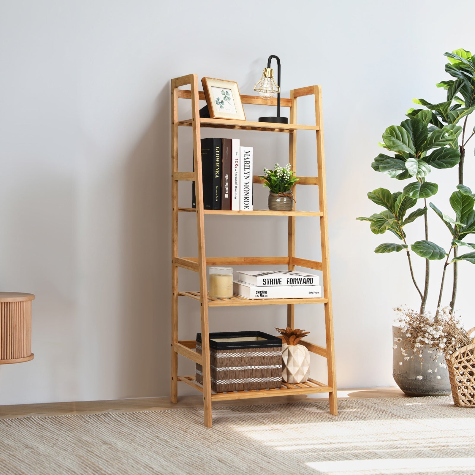 Estante de Escada Biblioteca Multiusos para Plantas de Bambu com 4 Níveis Decoração para Sala Cozinha Casa de Banho Natural 48 x 32 x 115 cm