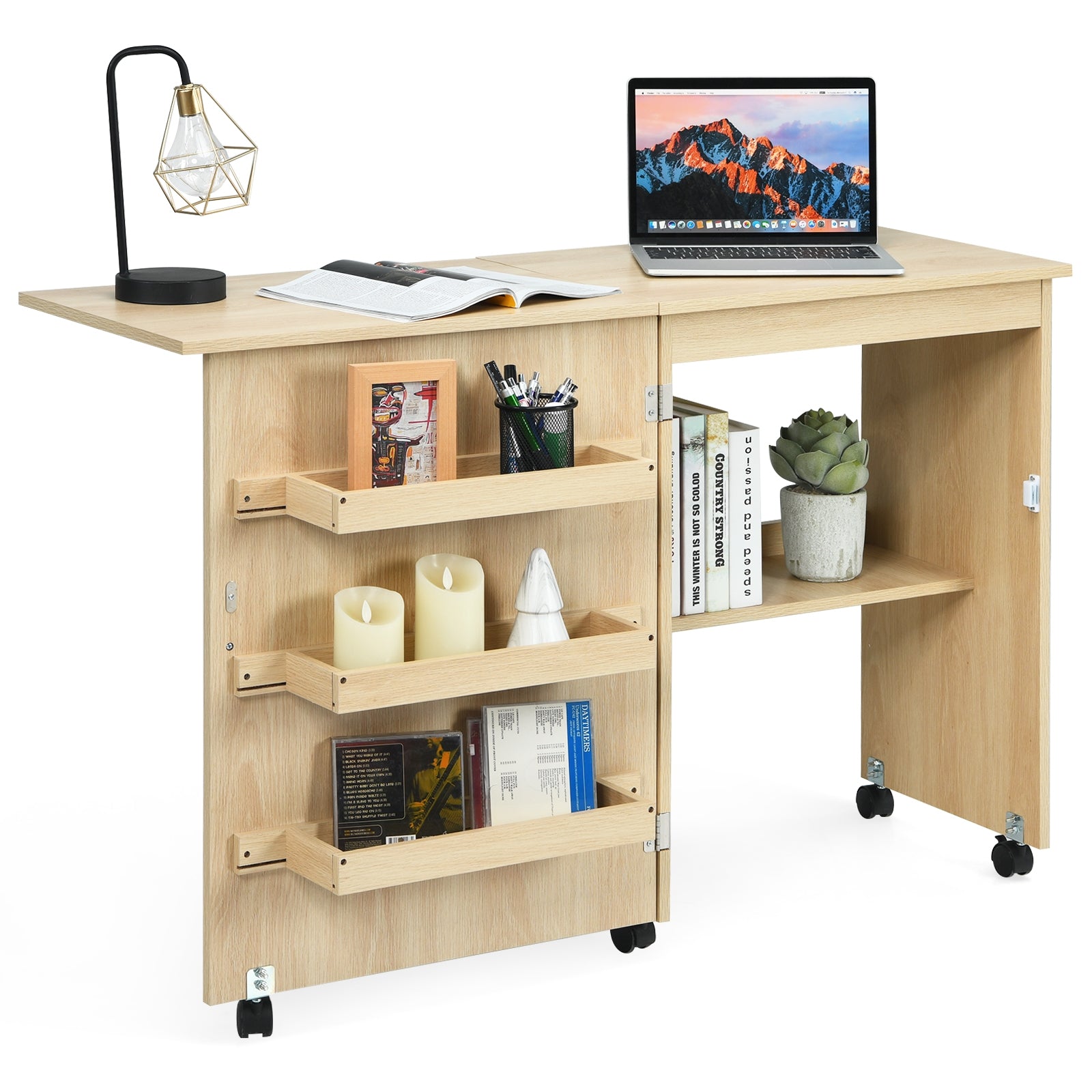 Mesa de PC e Armário Móvel Multifuncional com 3 Estantes e 5 Rodas Natural - 117 x 40 x 74 cm
