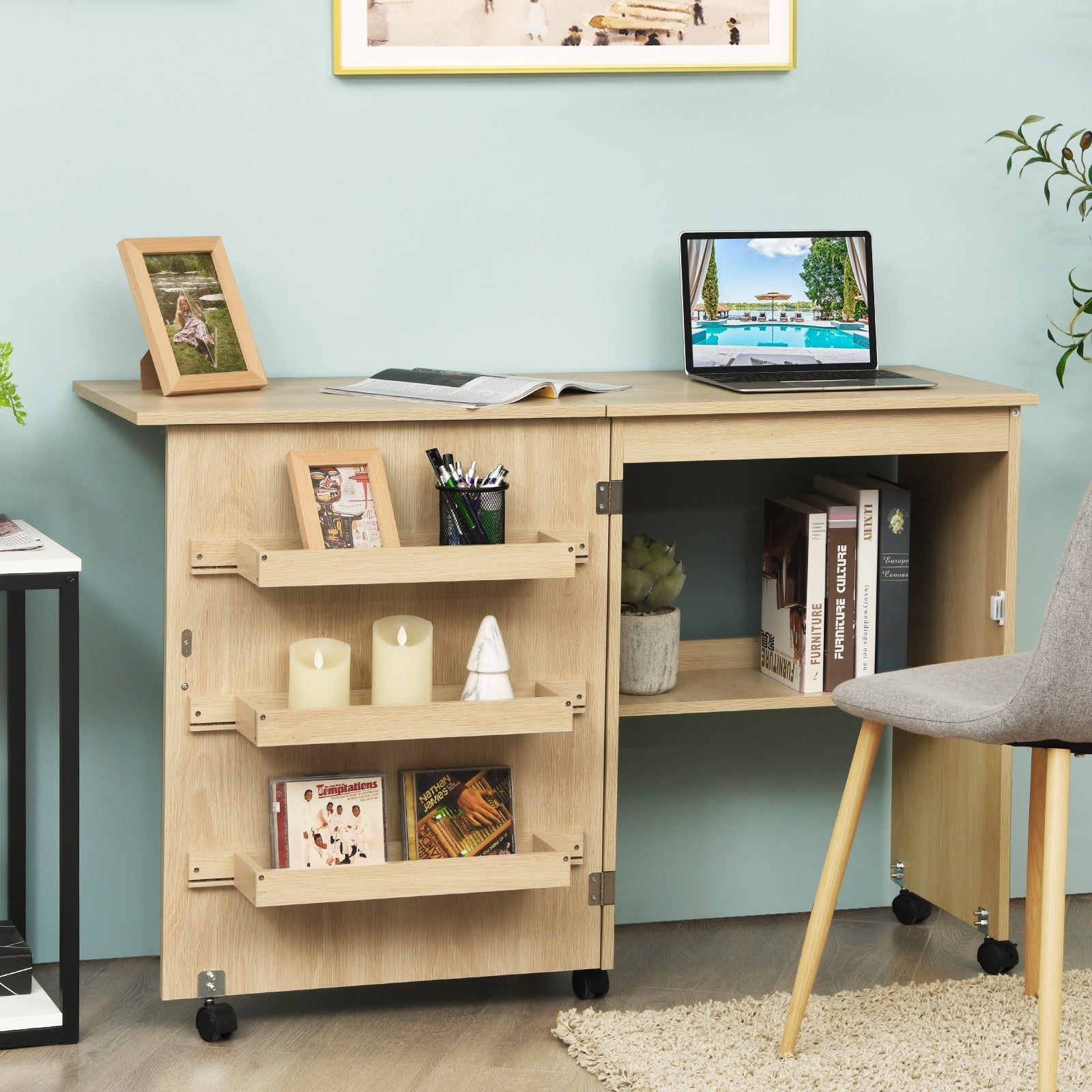Mesa de PC e Armário Móvel Multifuncional com 3 Estantes e 5 Rodas Natural - 117 x 40 x 74 cm