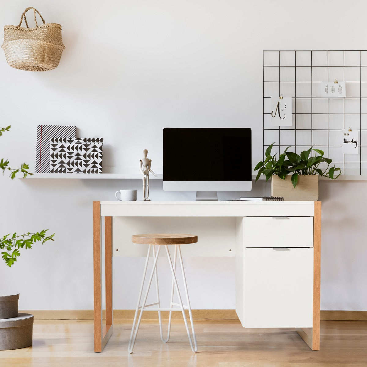 Escritório Elegante para Computador Cubículo de Trabalho com Armário e Gaveta Branco 112,5 x 50 x 75 cm