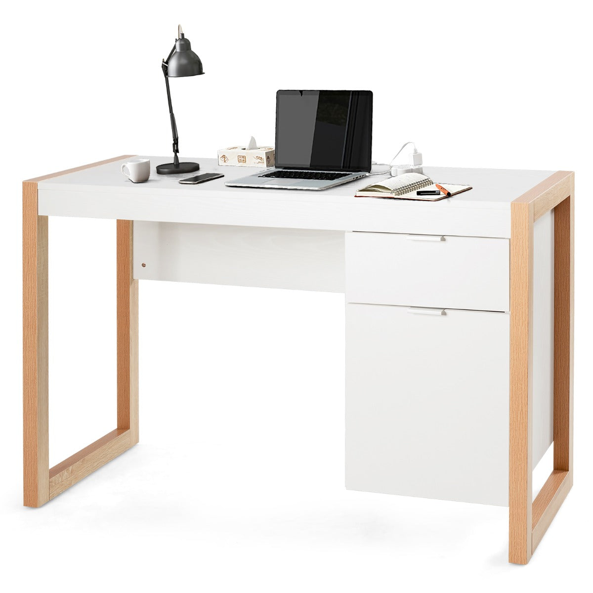 Escritório Elegante para Computador Cubículo de Trabalho com Armário e Gaveta Branco 112,5 x 50 x 75 cm