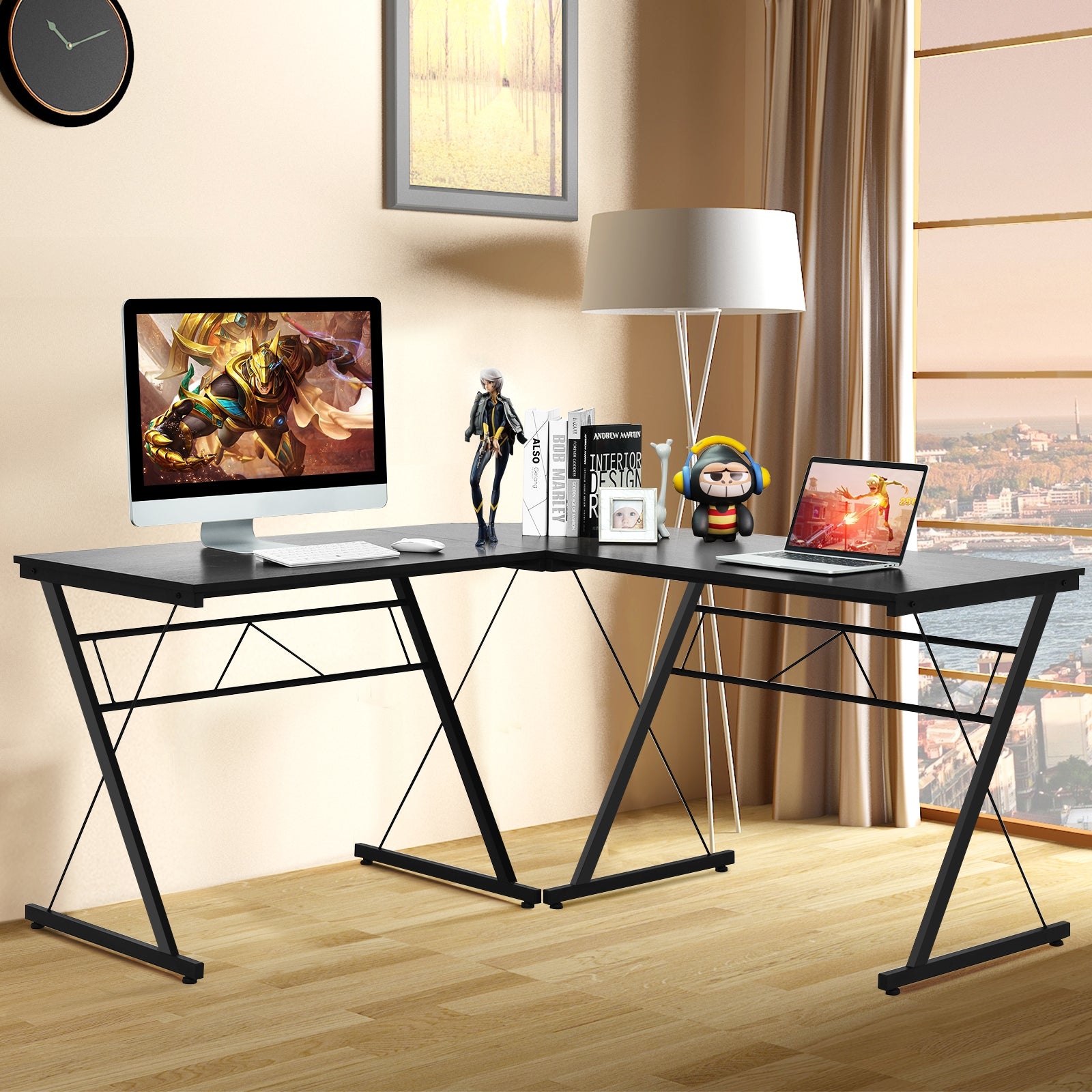Escritório em Forma de L Mesa Angular Reversível para Computador Poupa Espaço e Multifuncional para Casa e Escritório Preto 150 x 150 x 76 cm