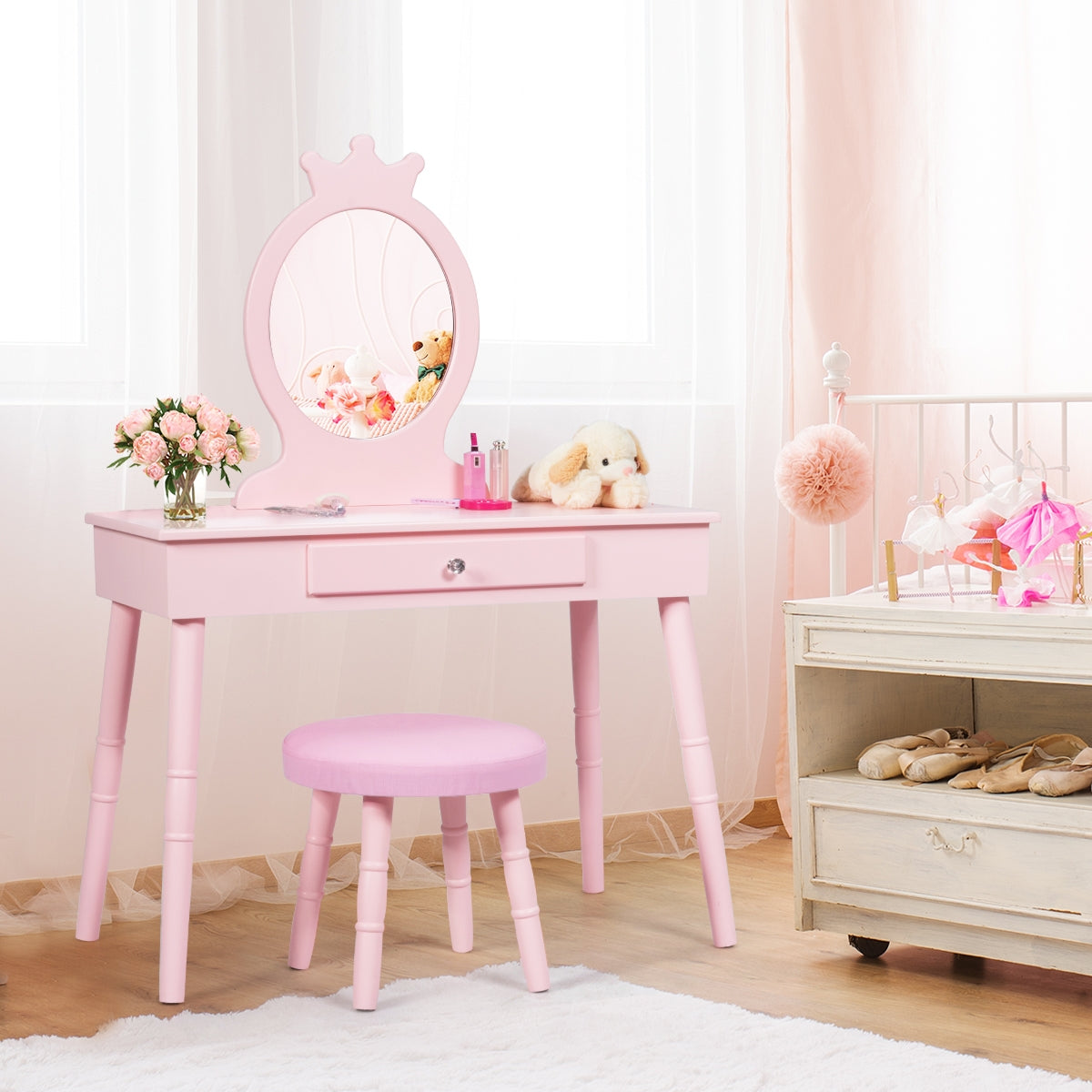 Tocador para Crianças com Gavetas e Banqueta Acolchoada Rosa 70 x 34 x 101 cm