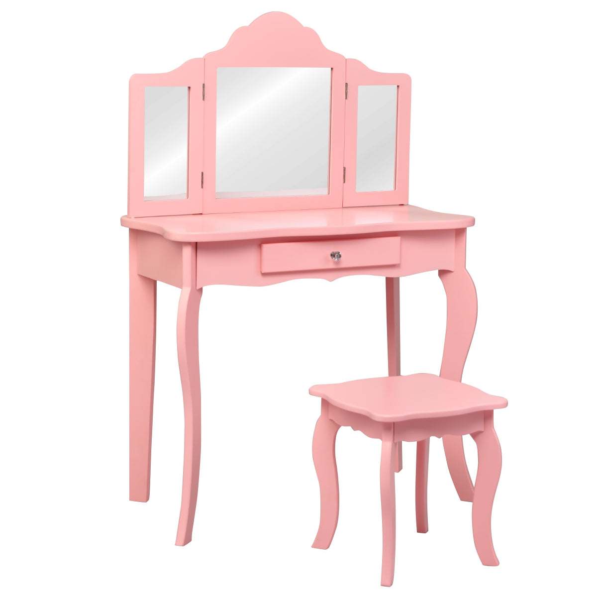 Tocador para Crianças com Banqueta Espelho Dobrável em 3 Partes e Gaveta Rosa 70 x 34 x 104 cm