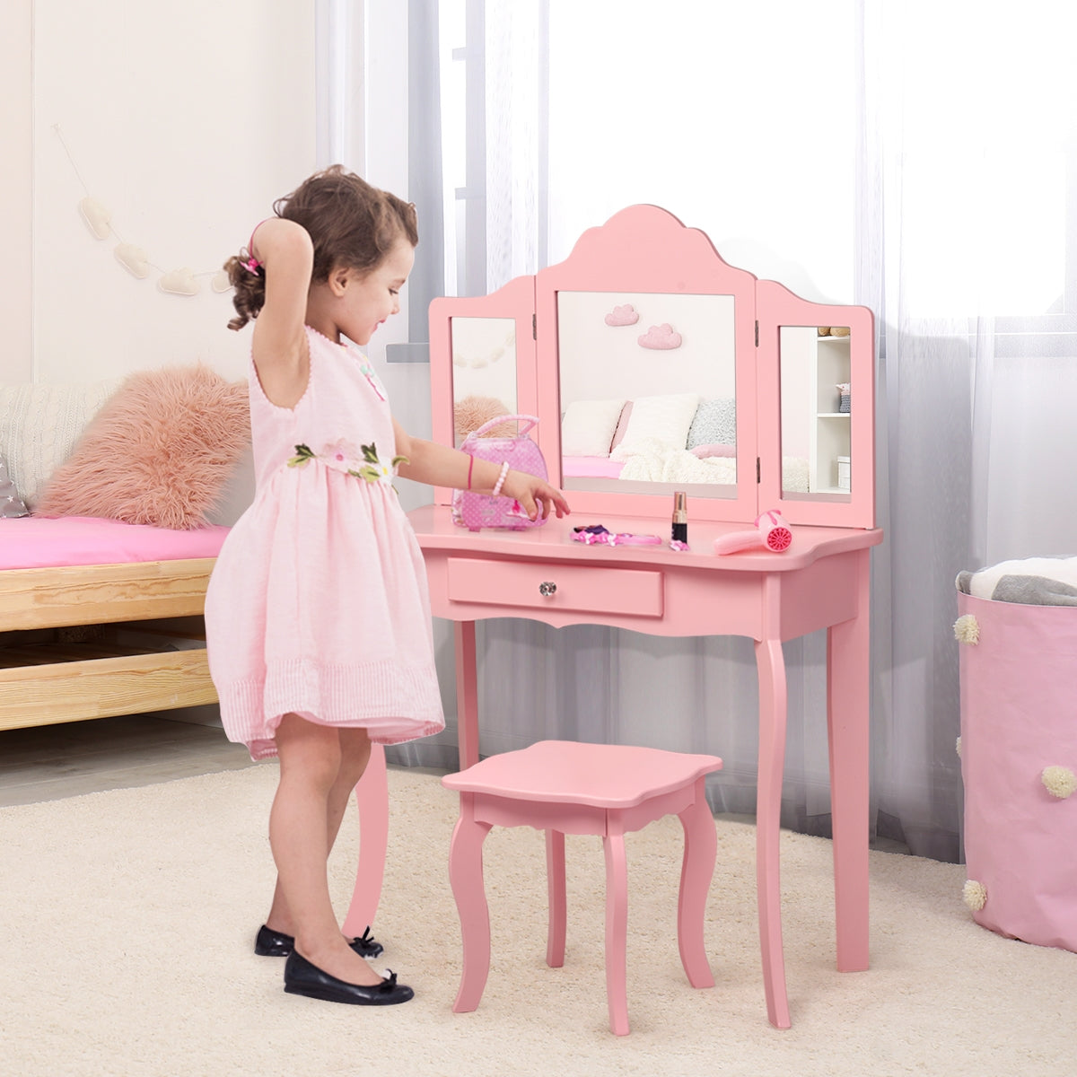 Tocador para Crianças com Banqueta Espelho Dobrável em 3 Partes e Gaveta Rosa 70 x 34 x 104 cm