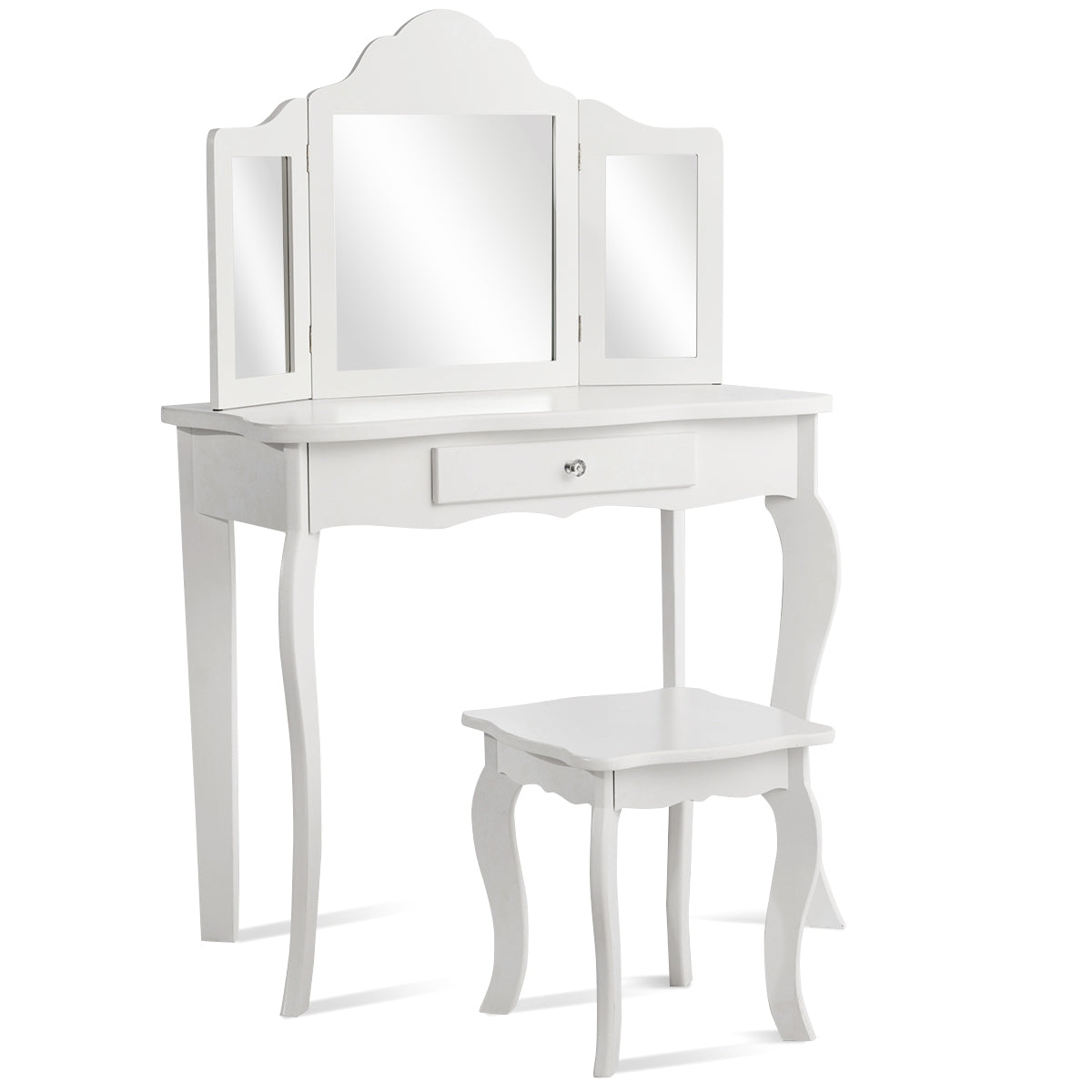 Tocador para Crianças com Banqueta, Espelho Dobrável em 3 Partes e Gaveta Branca 70 x 34 x 104 cm
