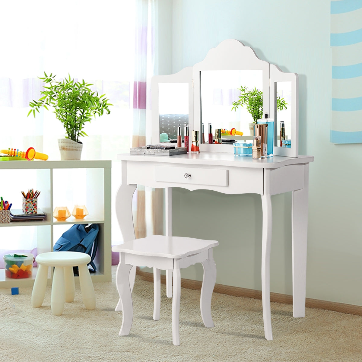 Tocador para Crianças com Banqueta, Espelho Dobrável em 3 Partes e Gaveta Branca 70 x 34 x 104 cm