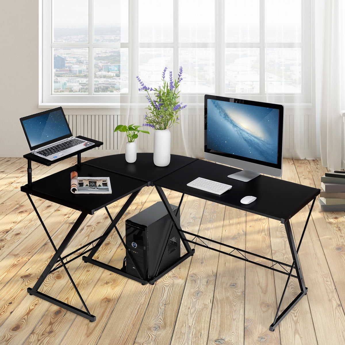 Escritório Angular em Forma de L para Computador com Elevação para Monitor - Ideal para Casa e Escritório - Preto 147 x 112 x 79 cm