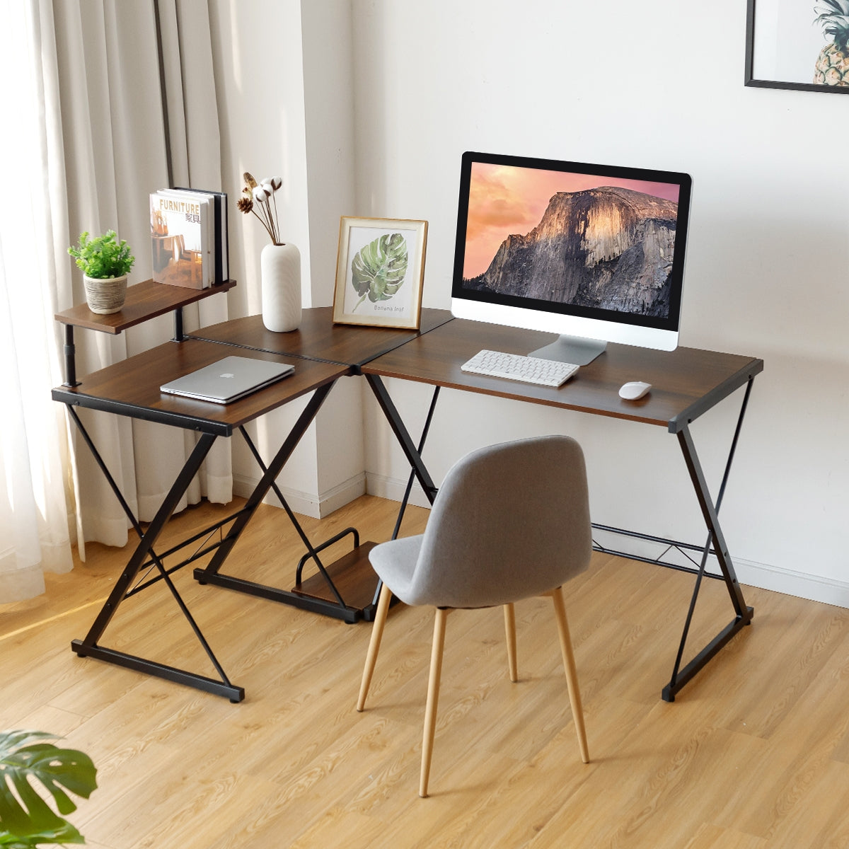 Escritório Angular em Forma de L para Computador com Elevação para Monitor Ideal para Casa e Escritório Nogueira 147 x 112 x 79 cm