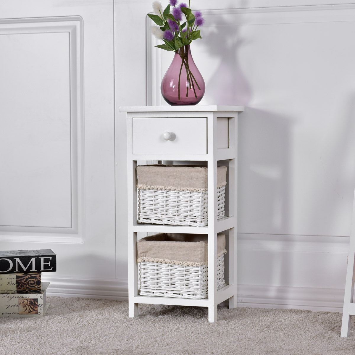 Mesinha Moderna com 1 Gaveta e 2 Caixas Organizadoras para Casa Sala Quarto Branco 28 x 26 x 59,5 cm