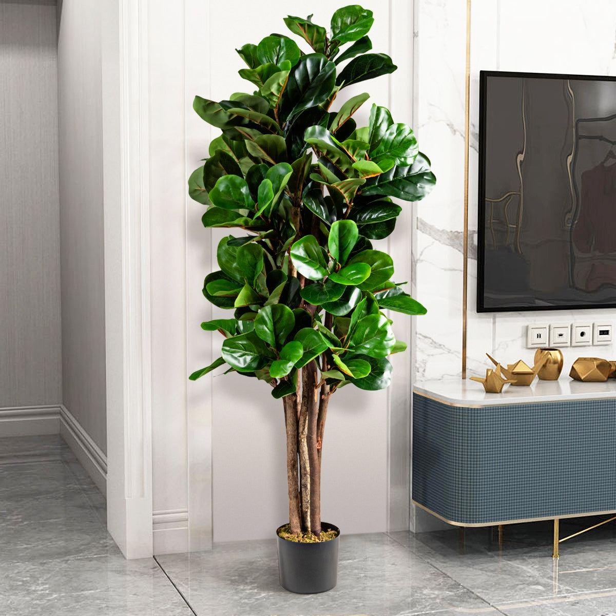 Árvore de Figo Artificial 1,5 m com Folhas em PEVA e Vaso em PP para Decorar Casa e Escritório Verde