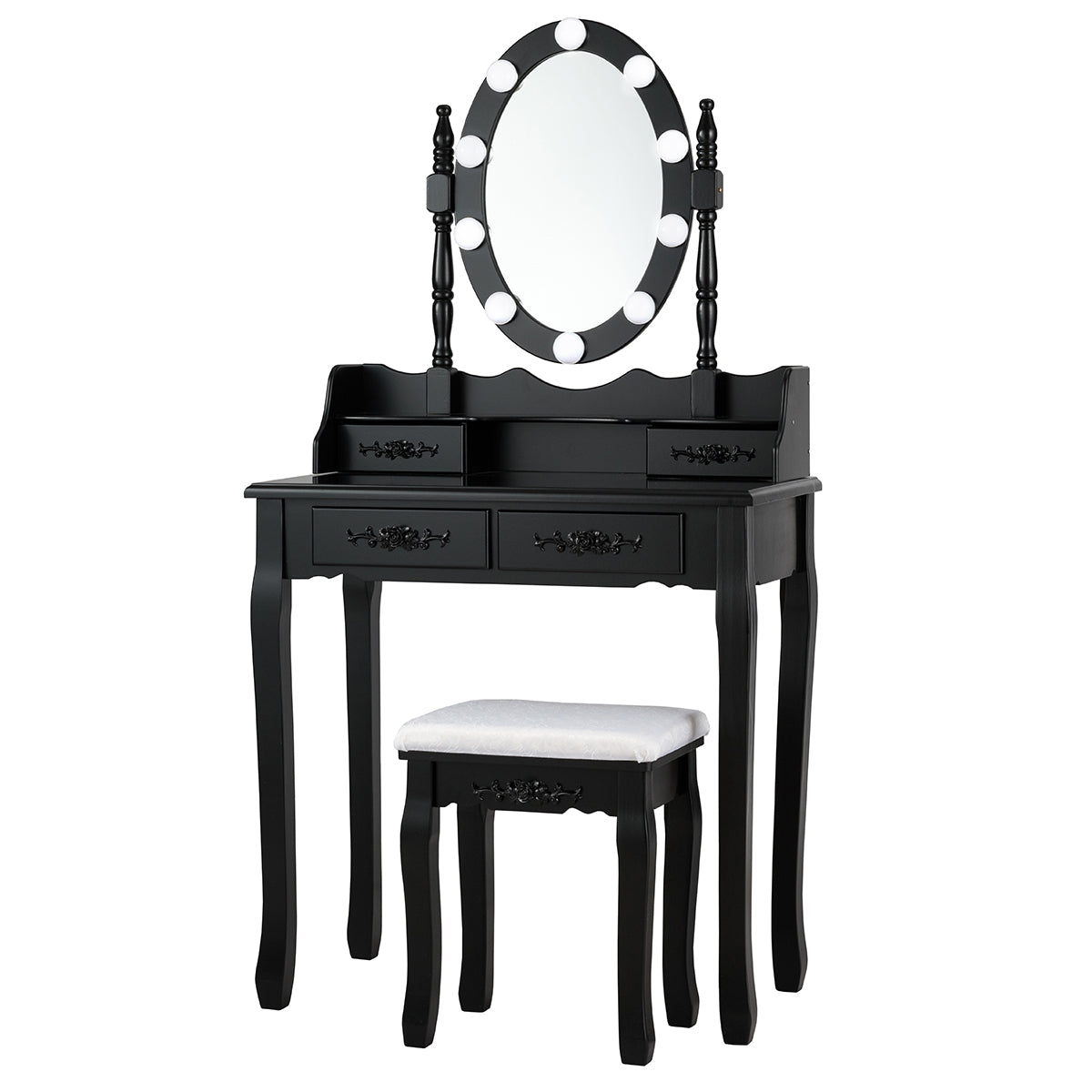 Conjunto Mesa de Tocador com Banqueta Almofadada, Mesa de Maquilhagem com Espelho Oval Iluminado com 10 Luzes LED e Interruptor Tátil Preto