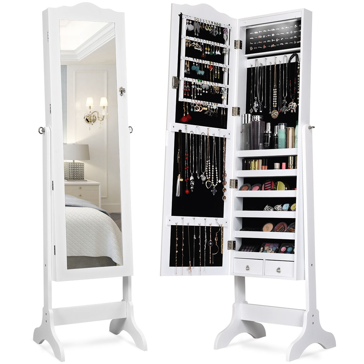 Armário de Jóias com 14 Luzes LED e 2 Gavetas Regulável em 4 Ângulos Ideal para Quarto Branco 41,5 x 37 x 160 cm