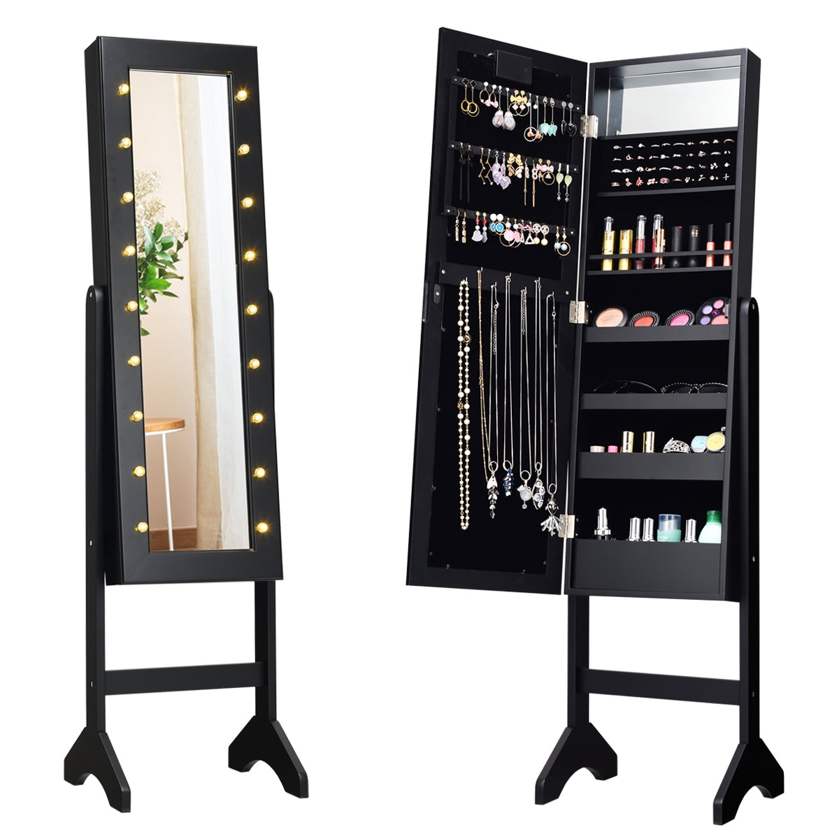 Armário de Jóias com 18 Luzes LED Ângulo Ajustável Organizador para Todo o Tipo de Jóias Preto 145 x 35 x 31,5 cm