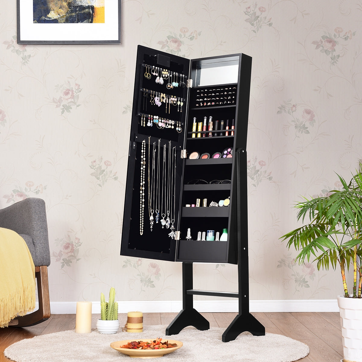Armário de Jóias com 18 Luzes LED Ângulo Ajustável Organizador para Todo o Tipo de Jóias Preto 145 x 35 x 31,5 cm
