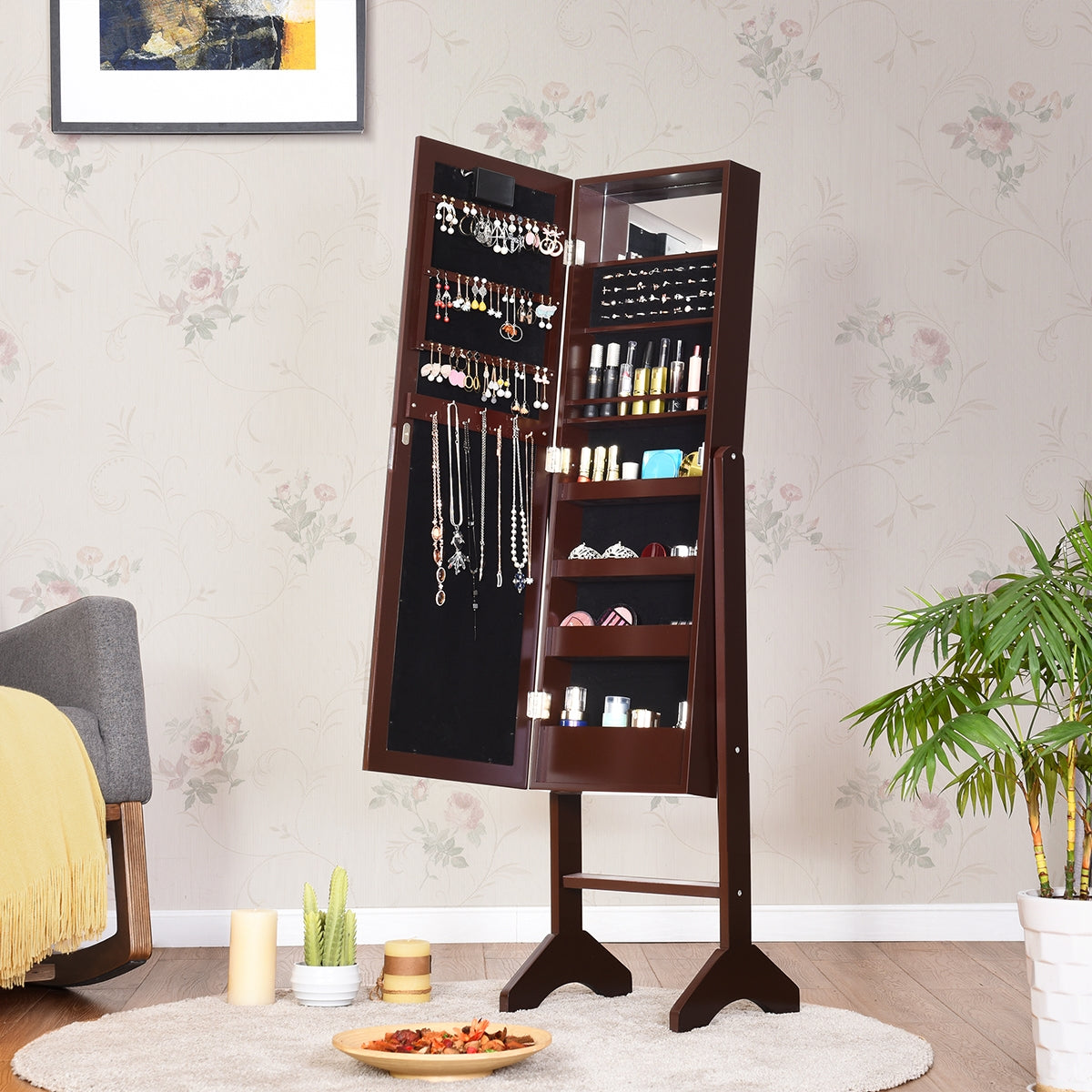Armário de Joias Vertical com Espelho de Corpo Inteiro Organizador de Joias com Luzes Ângulo Regulável Castanho 145 x 35 x 31,5 cm