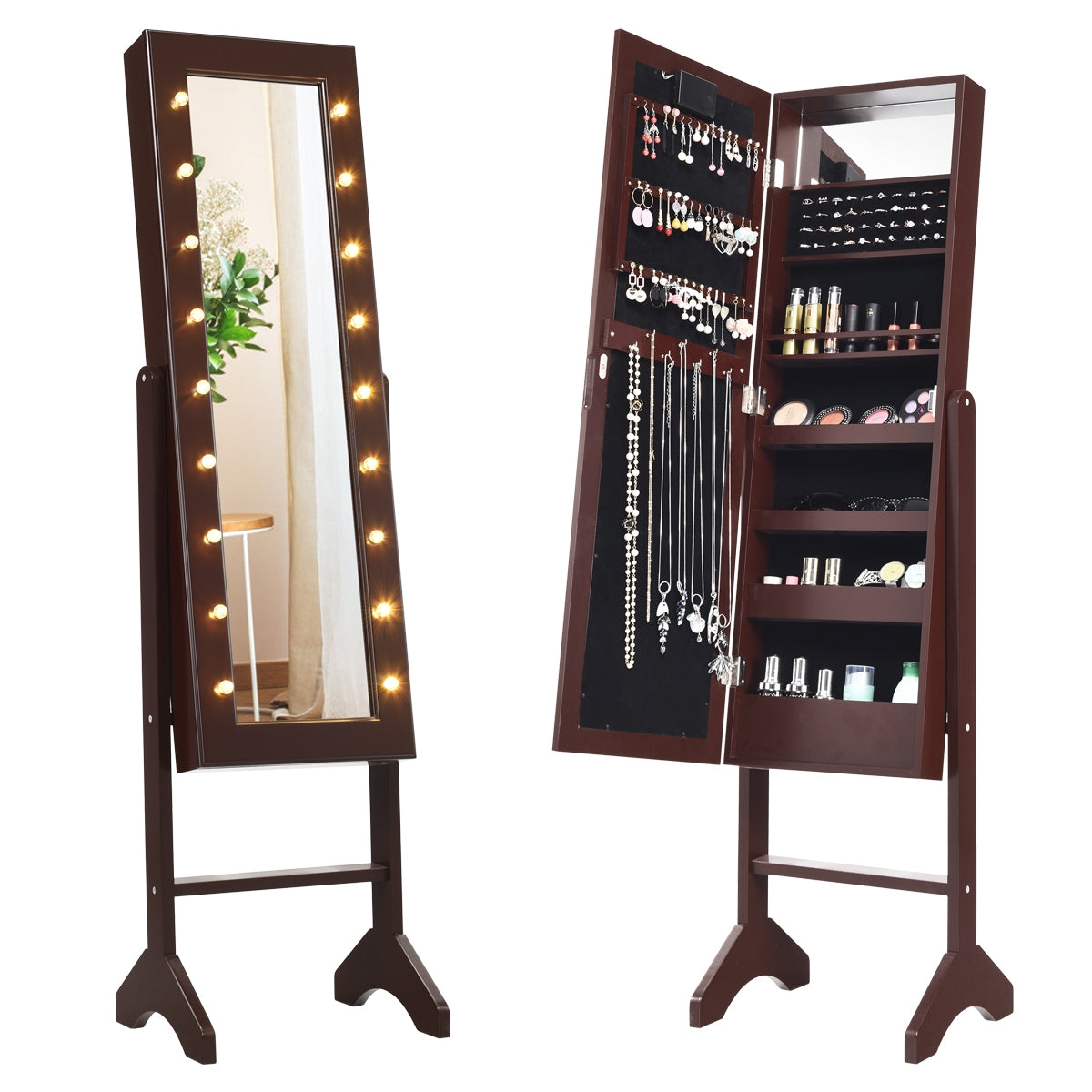 Armário de Joias Vertical com Espelho de Corpo Inteiro Organizador de Joias com Luzes Ângulo Regulável Castanho 145 x 35 x 31,5 cm