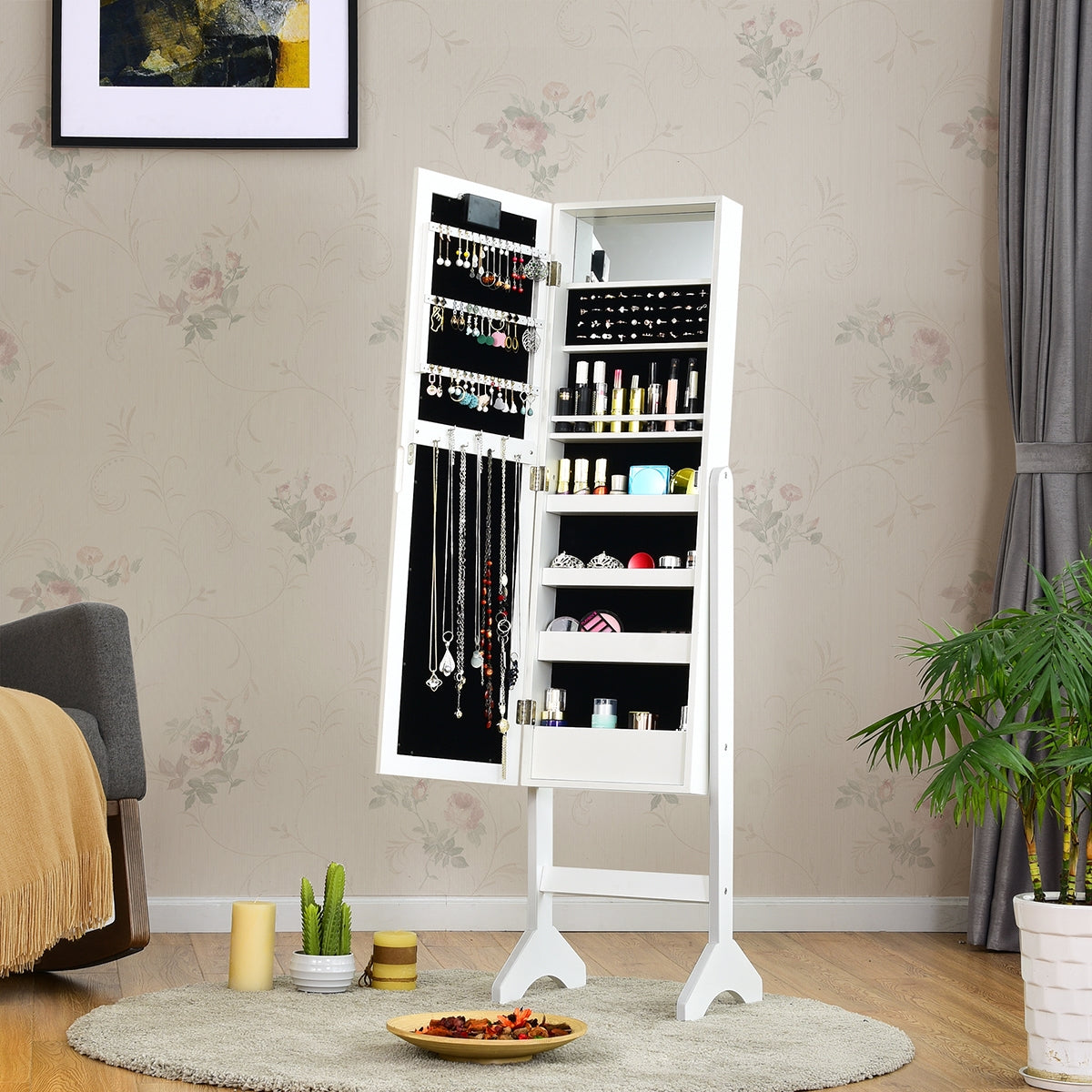 Armário de Joalharia com 18 Luzes LED Ângulo Ajustável Organizador para Todos os Tipos de Joias Branco 145 x 35 x 31,5 cm