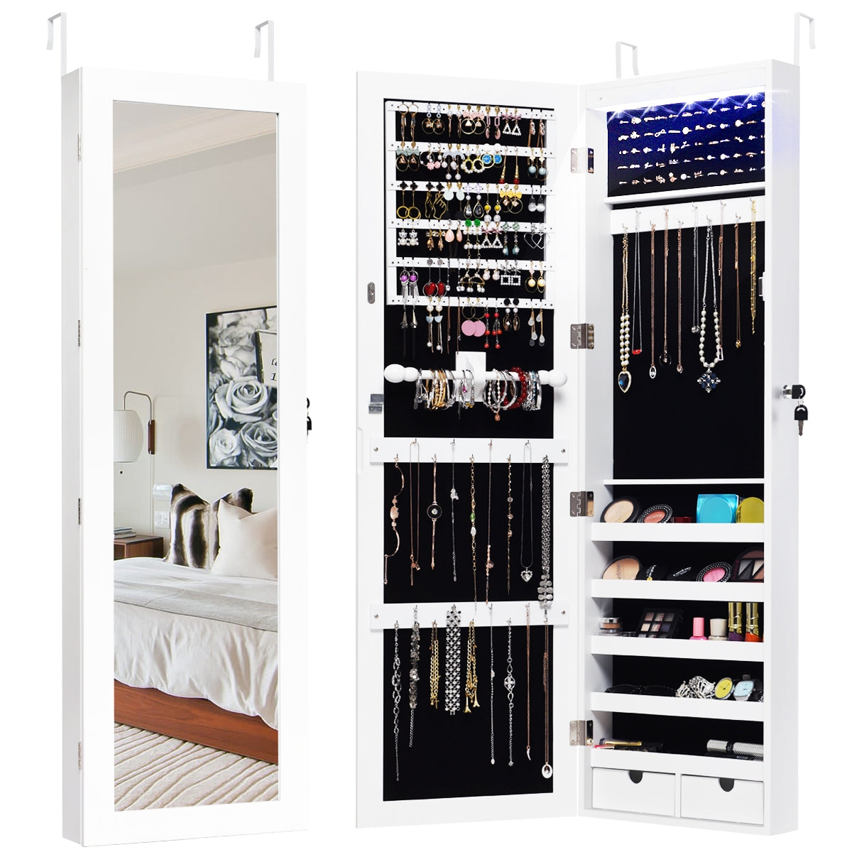 Armário de Joalharia com Fechadura e Luz LED Organizador de Joias e Maquilhagem com Espelho de Corpo Inteiro Branco 37 x 9,6 x 120 cm