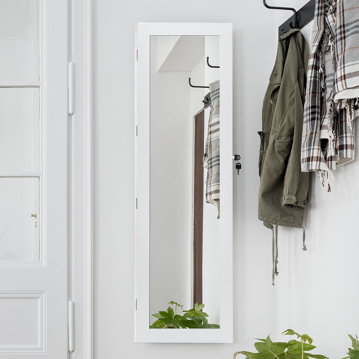 Armário de Joalharia com Fechadura e Luz LED Organizador de Joias e Maquilhagem com Espelho de Corpo Inteiro Branco 37 x 9,6 x 120 cm