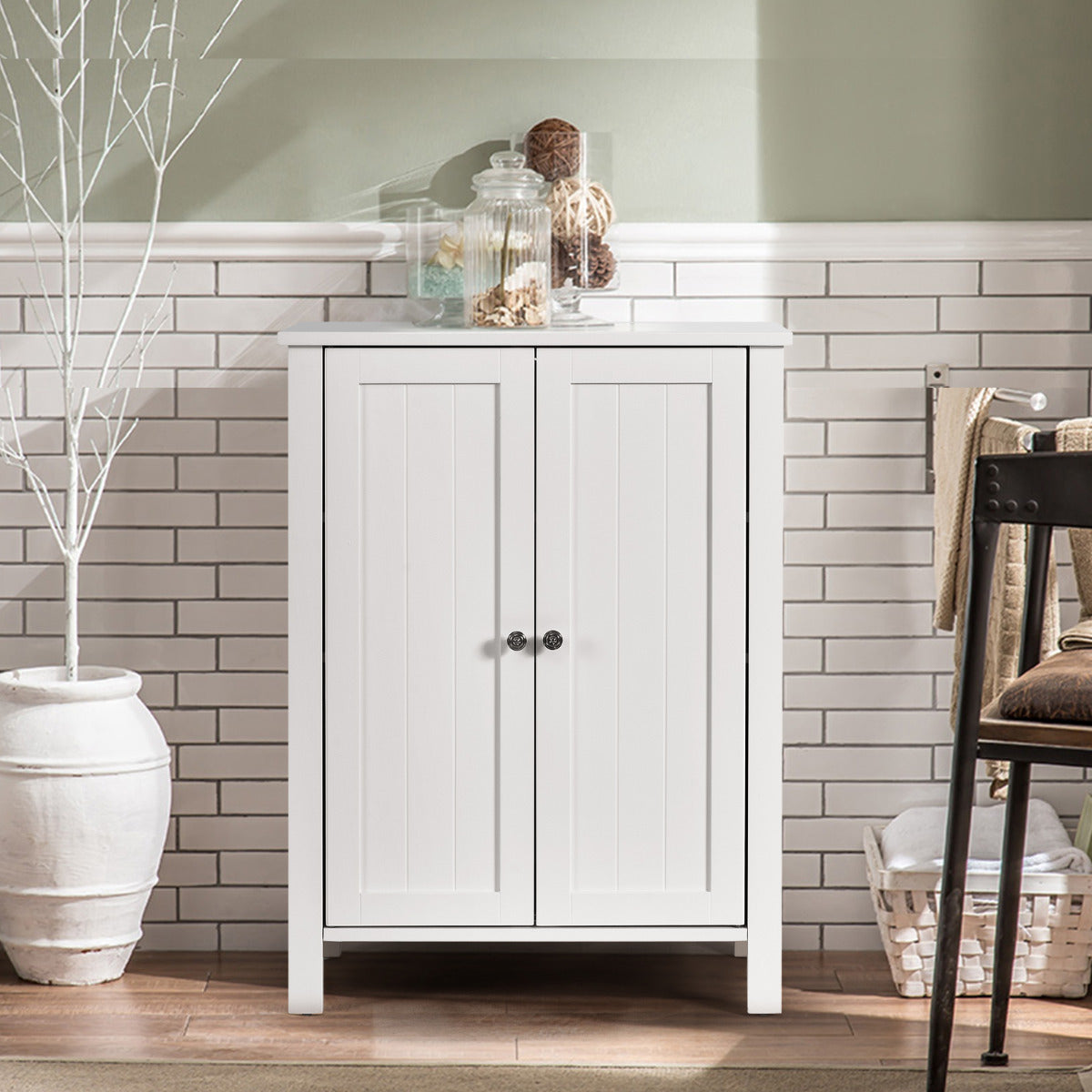 Armário de Casa de Banho Organizador Vertical com Portas Duplas e Prateleira Ajustável Moderno 60 x 30 x 80,5 cm Branco