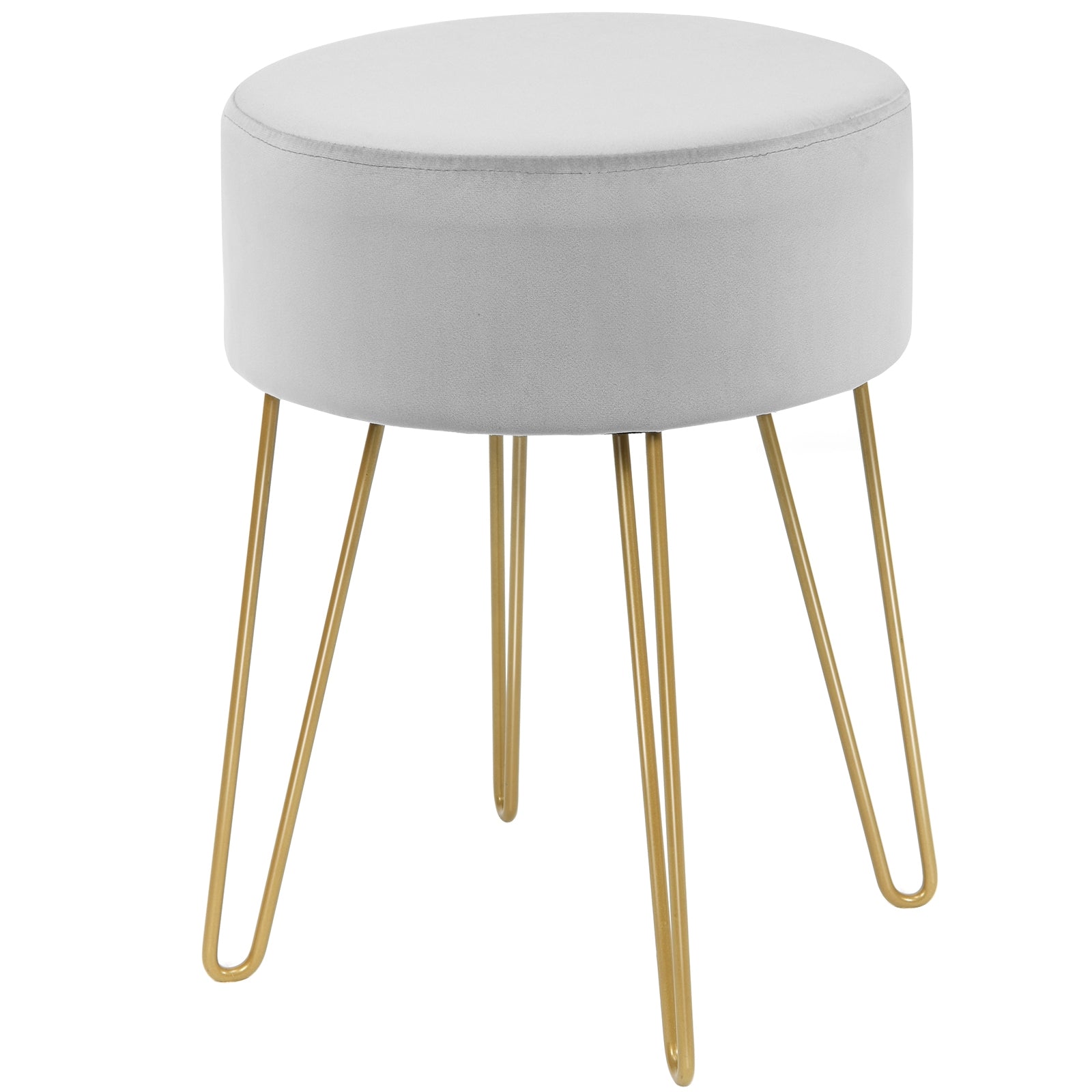 Banco de Toucador Redondo de Veludo Pufe Moderno com Pés de Metal para Quarto e Sala de Estar Cinzento 39 x 39 x 46 cm