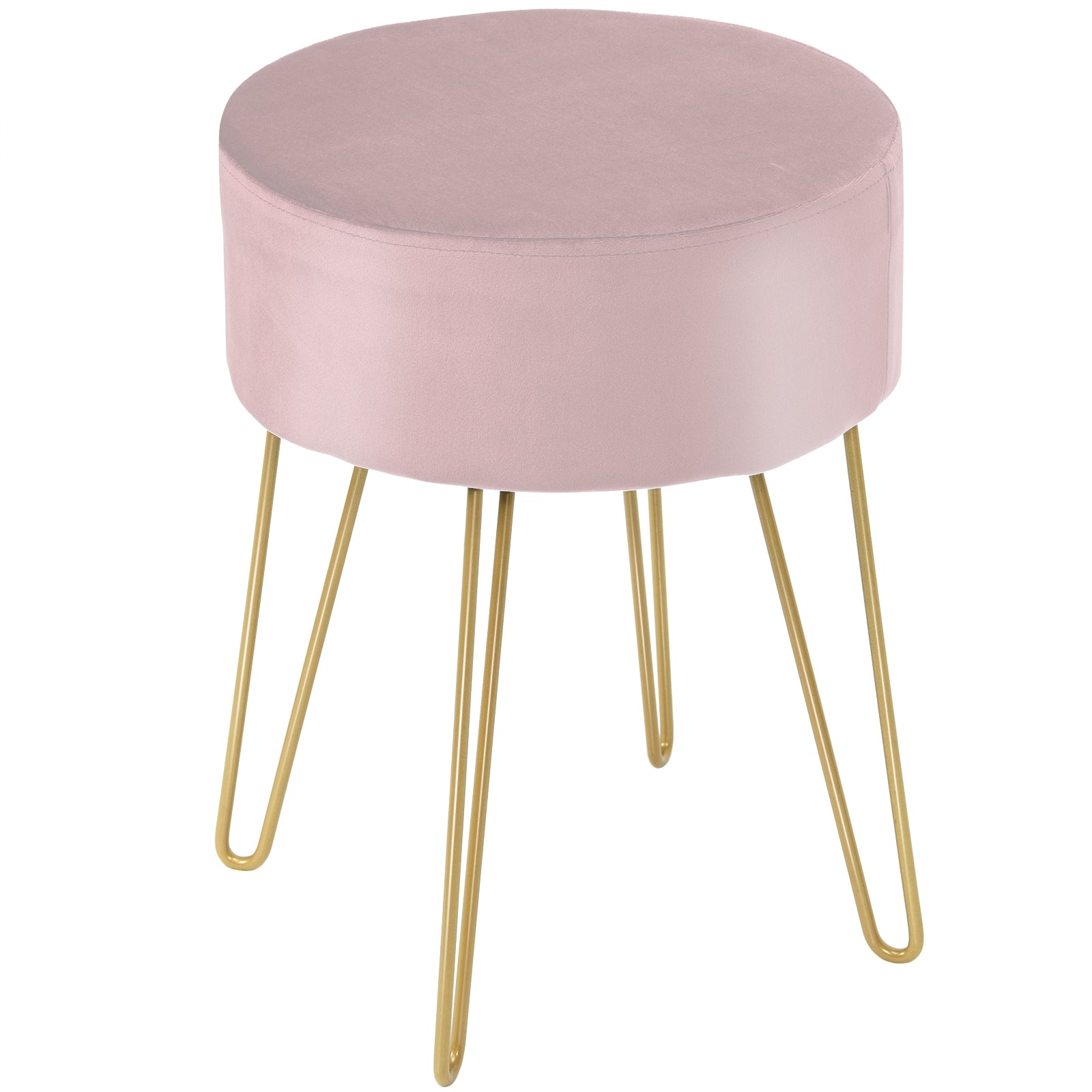 Banco de Toucador Redondo de Veludo Puff Moderno com Pés de Metal para Quarto Sala de Estar e Quarto Cor-de-Rosa 39 x 39 x 46 cm