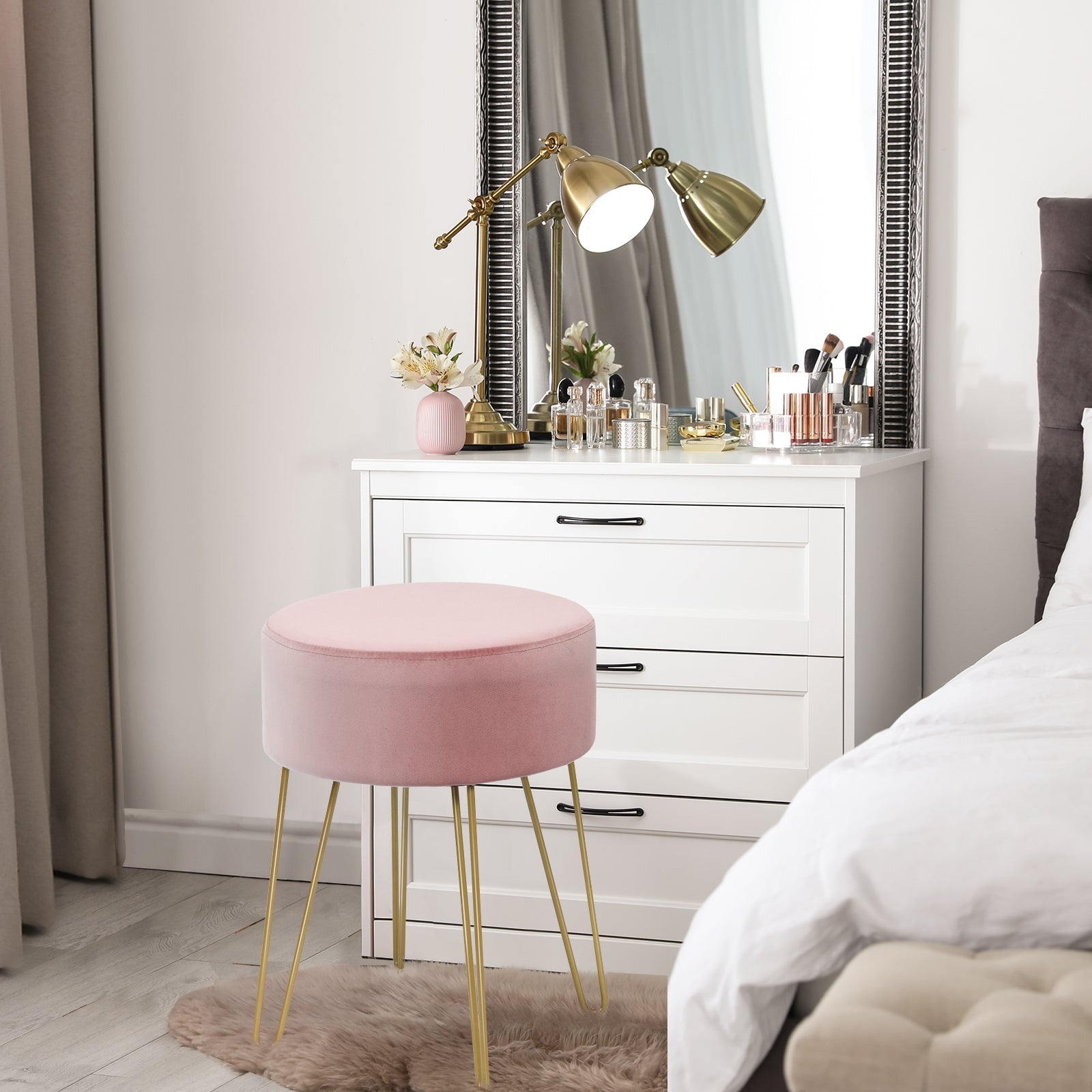 Banco de Toucador Redondo de Veludo Puff Moderno com Pés de Metal para Quarto Sala de Estar e Quarto Cor-de-Rosa 39 x 39 x 46 cm