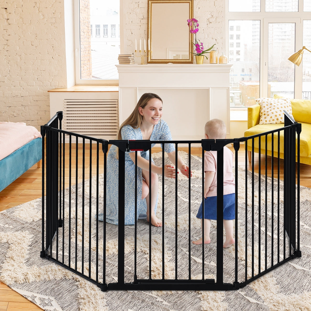 Verja de Metal 5 em 1 Regulável para Crianças Barreira de Segurança com Porta para Lareira Animais de Estimação Preto 58 x 74 cm