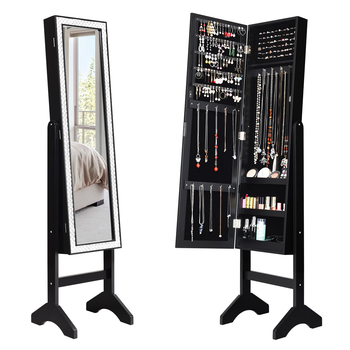 Armário para Joias com Espelho de Corpo Inteiro e Ângulo Ajustável Diamantes de Resina Organizador para Joias 153 x 35,5 x 31,5 cm Preto