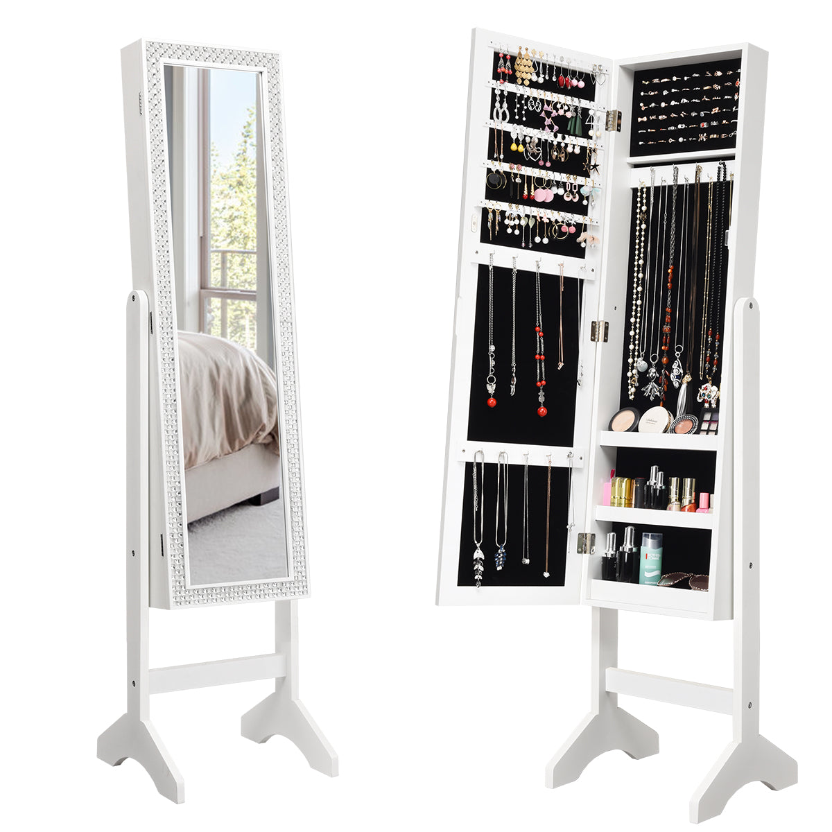 Armário para Joias com Espelho de Corpo Inteiro com Ângulo Regulável Diamantes de Resina Organizador para Joias 153 x 35,5 x 31,5 cm Branco
