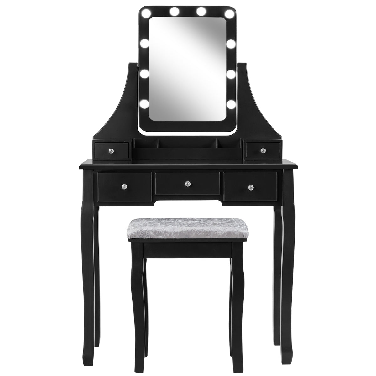 Tocador com Espelho Retangular e Banco Mesa para Maquilhagem com 10 Lâmpadas LED Preto 80 x 40 x 135,5 cm