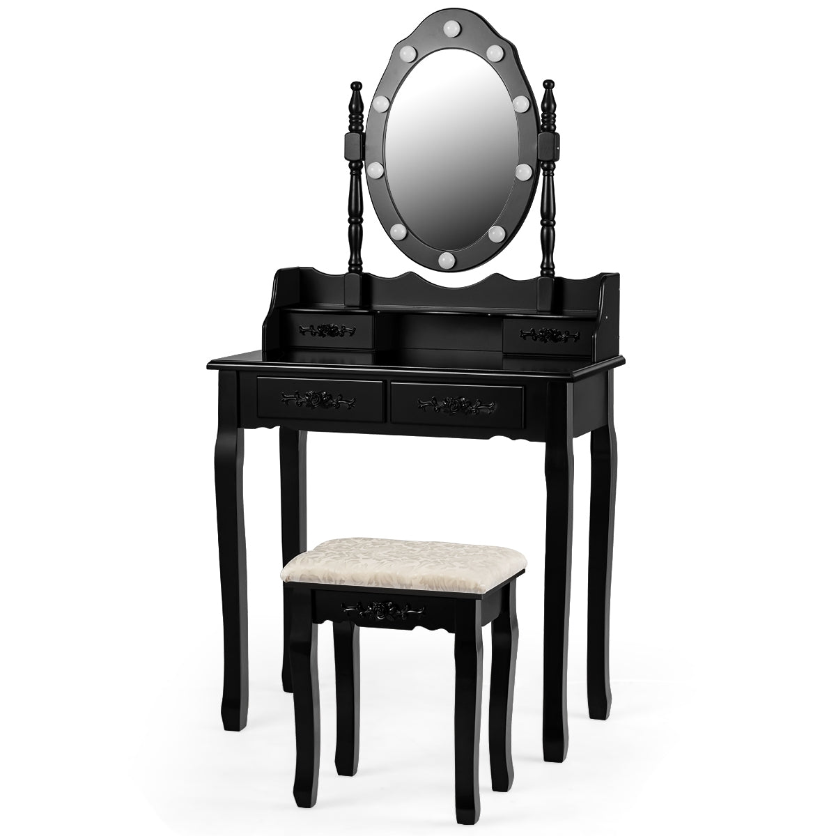 Tocador com Espelho Oval e 10 Lâmpadas LED Pernas em Madeira de Pinho e Almofadas Antiderrapantes Preto 75 x 40 x 146 cm