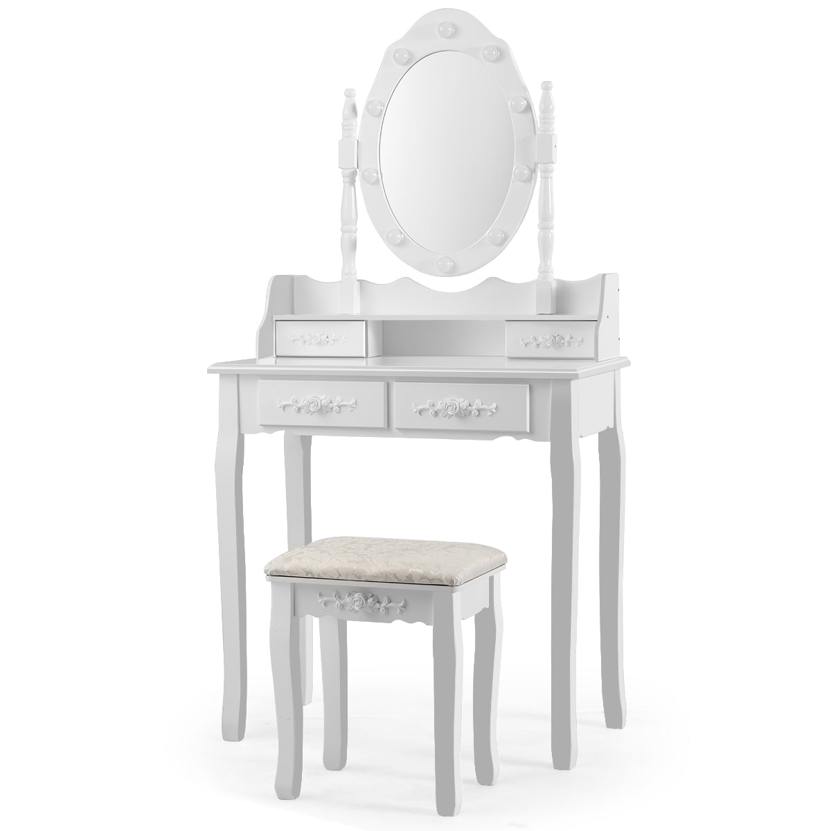 Tocador com Espelho Oval e 10 Lâmpadas LED Pernas de Madeira de Pinho e Almofadas Antiderrapantes Branco 75 x 40 x 146 cm