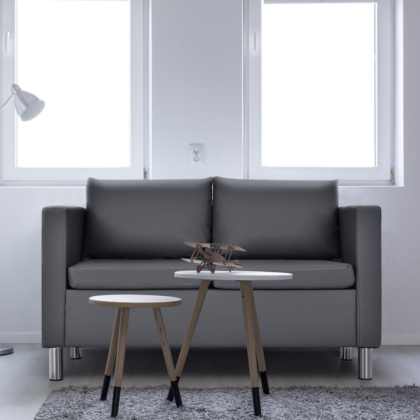 Sofá Moderno de 2 Lugares em Símil-Couro PU com Almofada Macia Conversível em Sofá-Cama Perfeito para Casa e Escritório Cinzento 120 x 60 x 62,5 cm