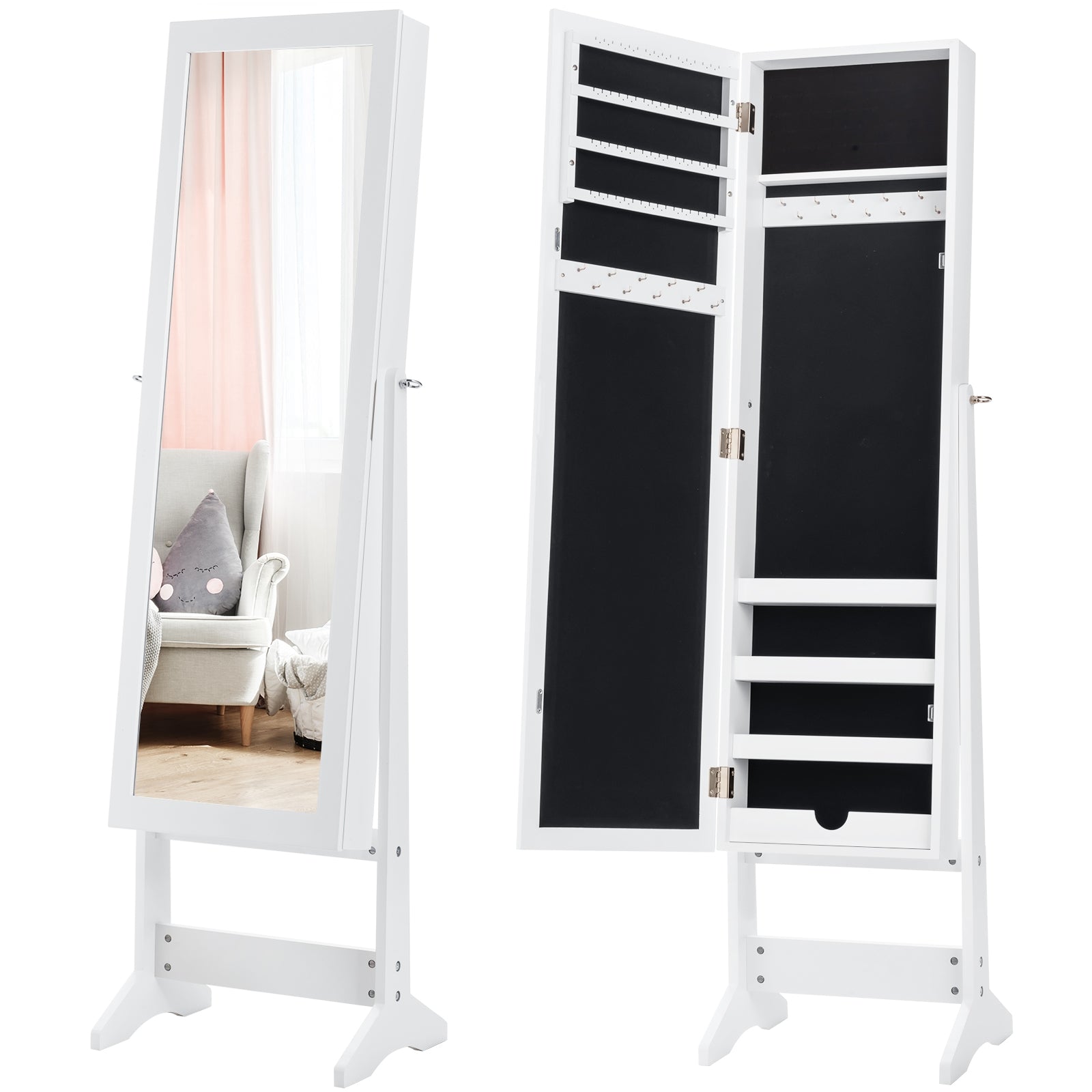 Armário de Jóias com Espelho de Corpo Inteiro e 3 Ângulos Reguláveis Organizador de Jóias 2 em 1 Branco 35 x 30 x 144 cm