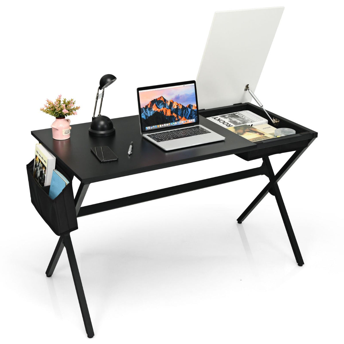 Mesa de Computador com Gaveta Cubo e Bolsa de Armazenamento Lateral Escritório de Computador 120 x 60 x 73,5 cm Preto