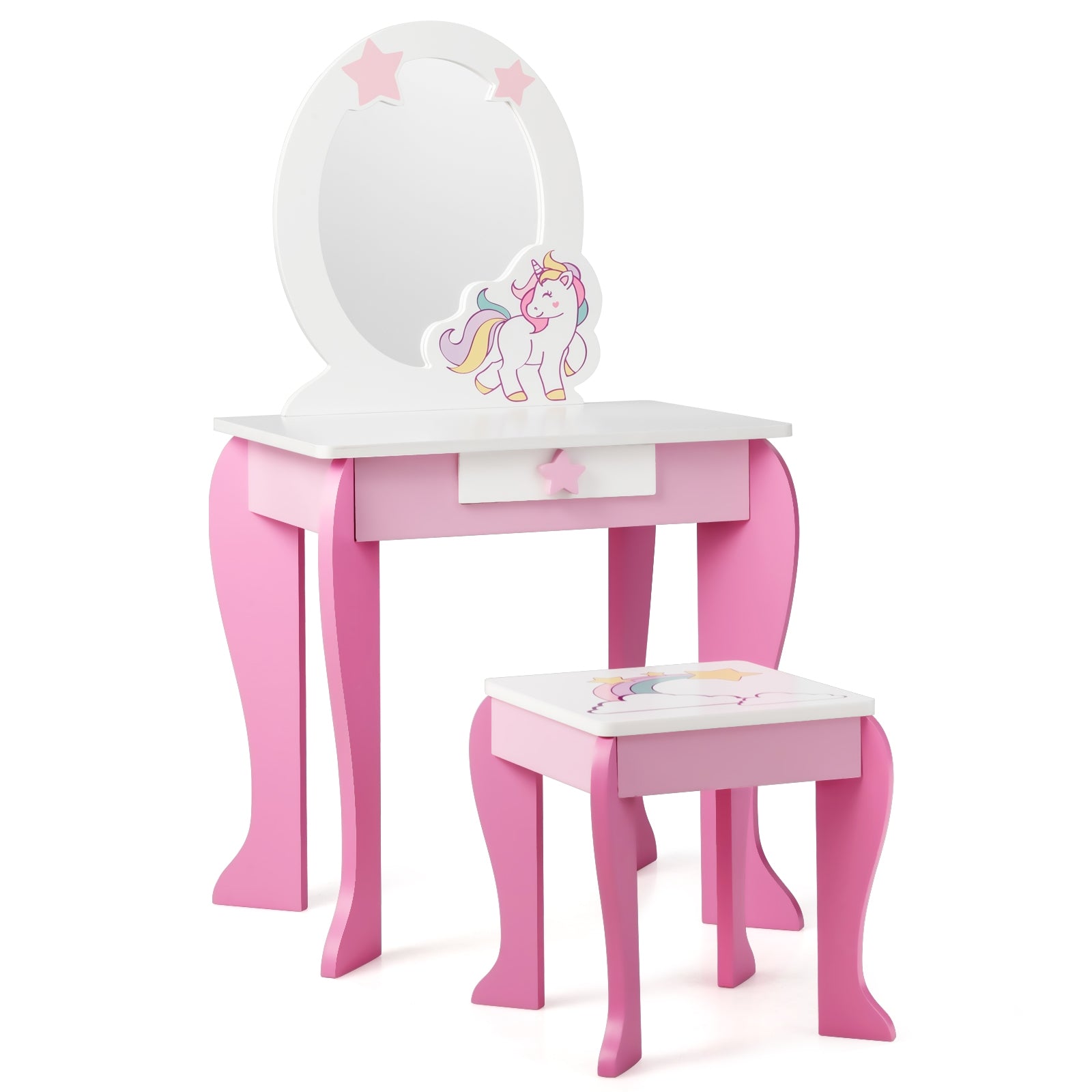 Tocador para Meninas com Banqueta Espelho Desmontável e Gaveta Branco e Rosa 49,5 x 35,5 x 89 cm